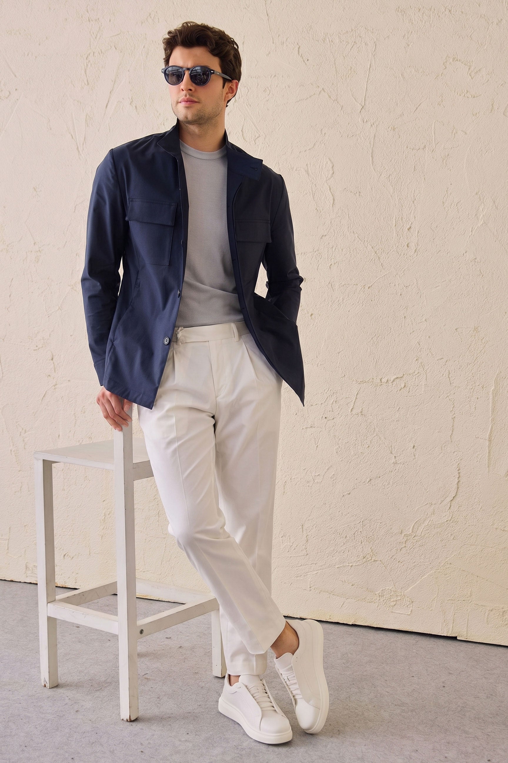 Men’s Navy Cotton Blend Safari Jacket & White Trousers Set Smart Casual Outfit