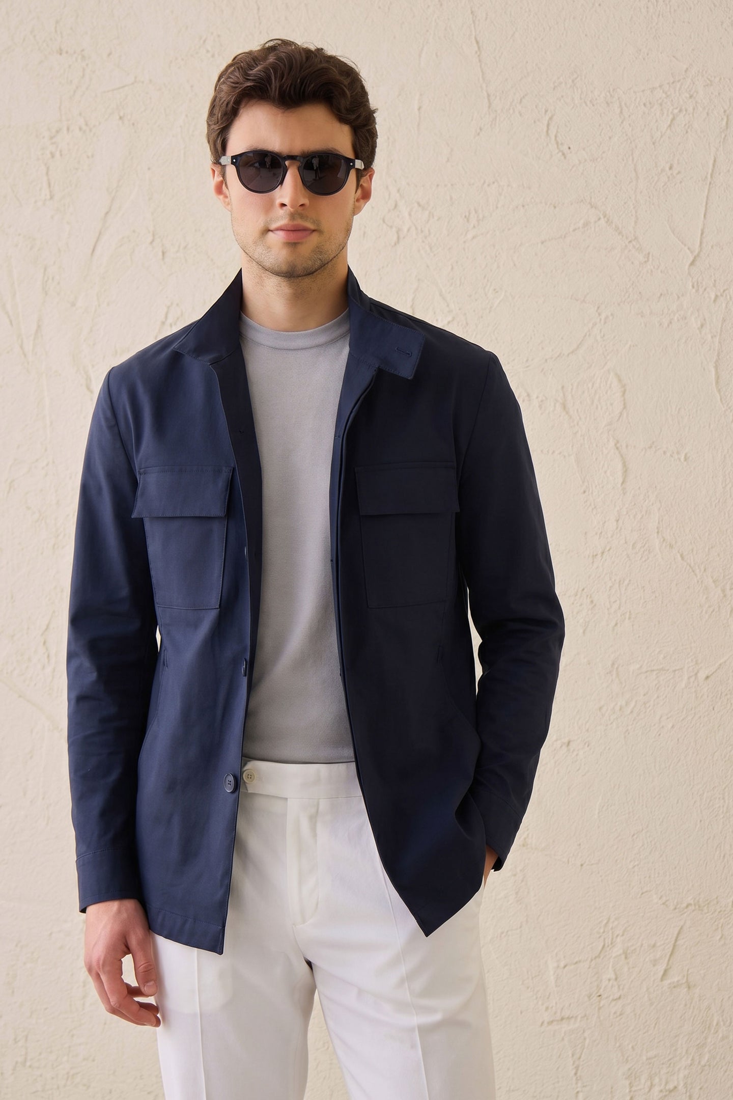 Men’s Navy Cotton Blend Safari Jacket & White Trousers Set Smart Casual Outfit