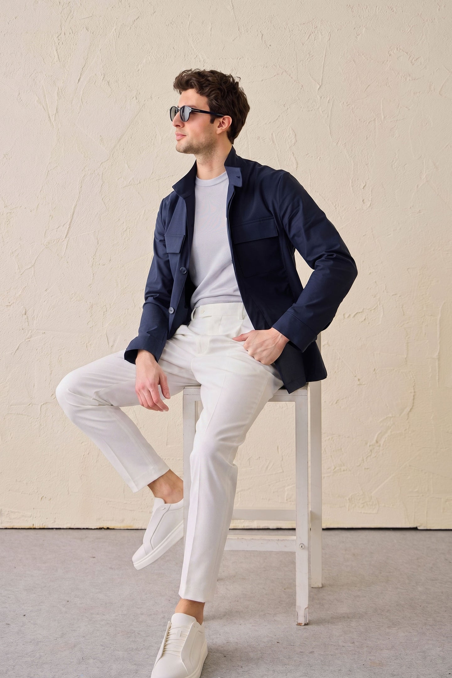 Men’s Navy Cotton Blend Safari Jacket & White Trousers Set Smart Casual Outfit