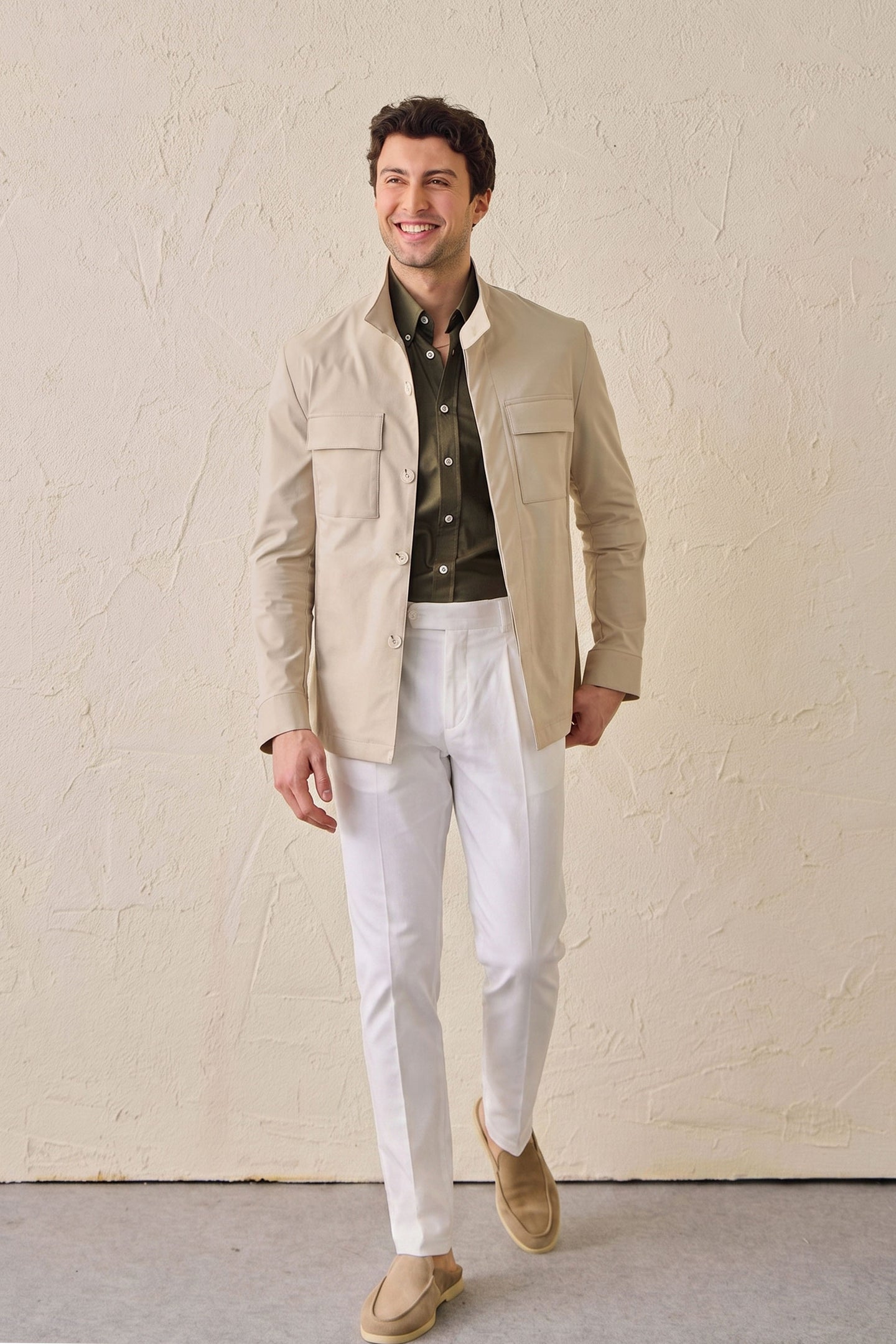 Men’s Beige Cotton Blend Safari Jacket & White Trousers Set Smart Casual Outfit