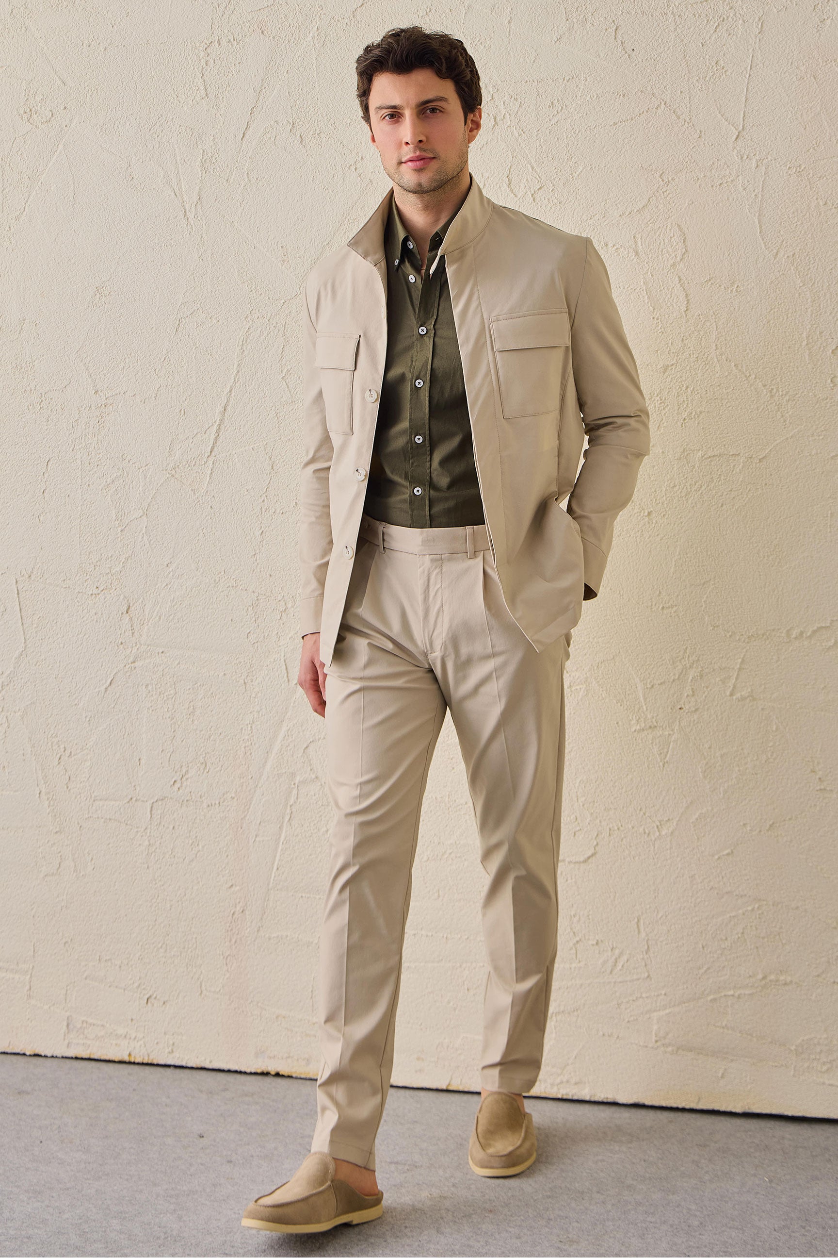 Beige Pleated Smart Casual Trousers for Men Tailored Classic Fit