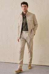 Beige Pleated Smart Casual Trousers for Men Tailored Classic Fit