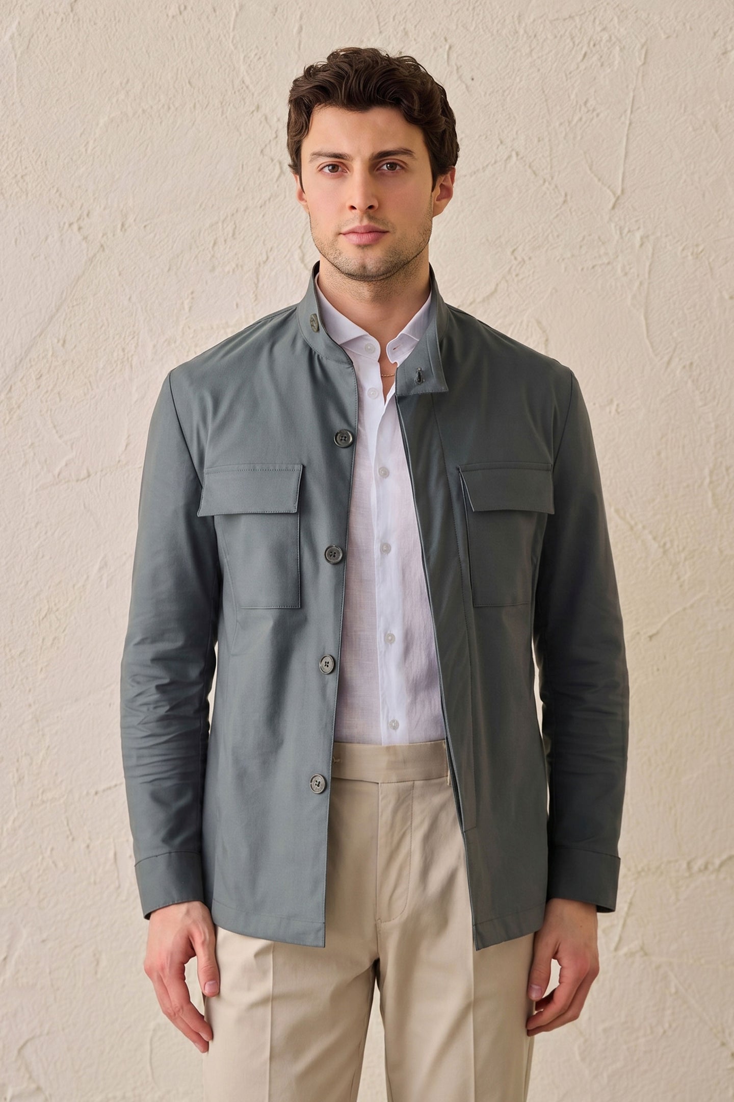 Men’s Sage Green Cotton Blend Safari Jacket & Beige Trousers Set Smart Casual Outfit