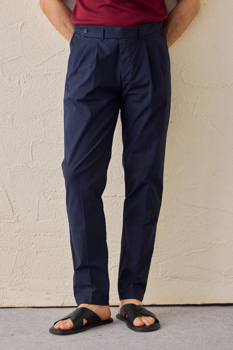 Navy Pleated Smart Casual Trousers for Men Tailored Classic Fit
