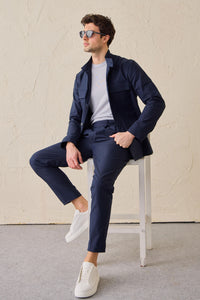 Navy Pleated Smart Casual Trousers for Men Tailored Classic Fit