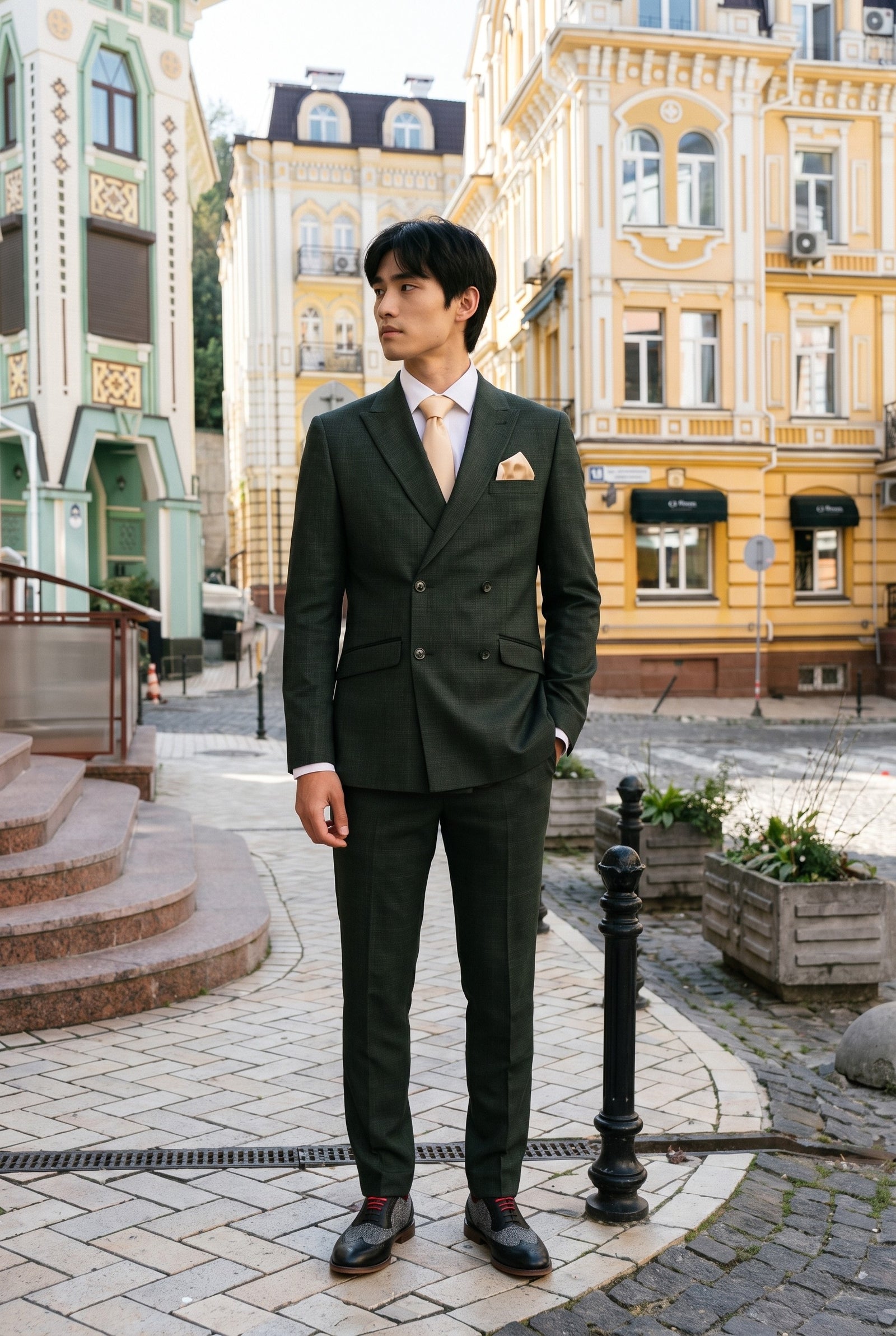 Look #780 styled with Caridi - Men's 2 Piece Olive Green Double Breasted Suit