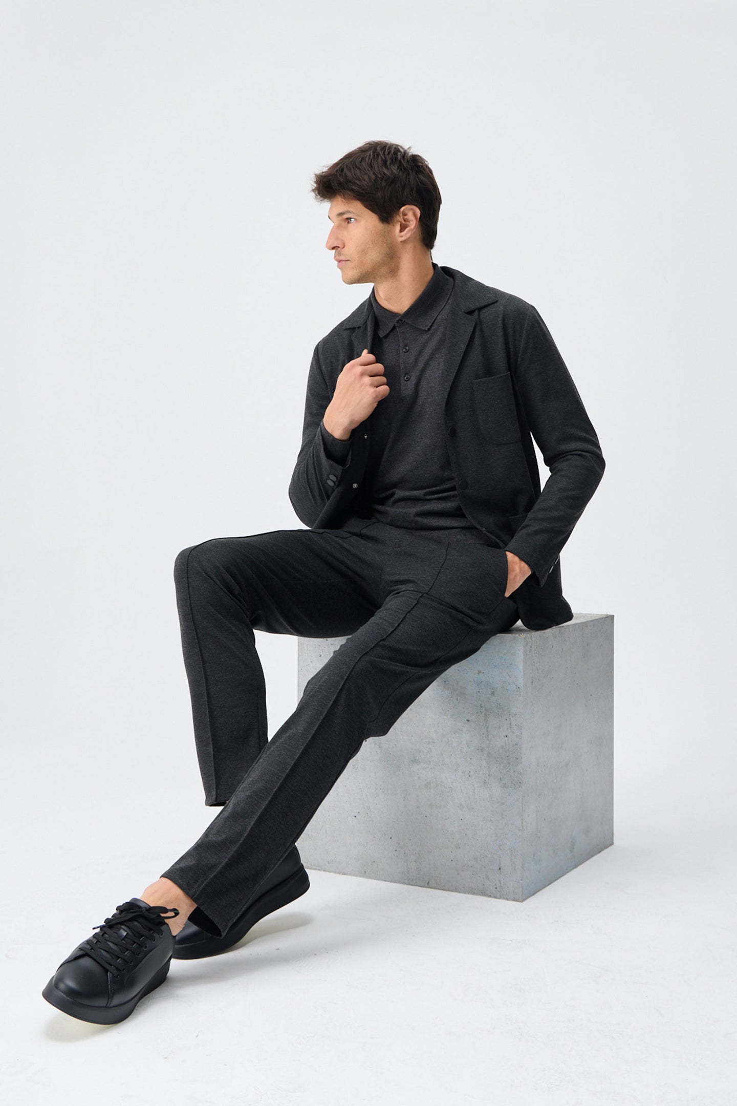 Men’s Charcoal Soft Jersey Smart Casual Suit Blazer Jacket & Trousers Set