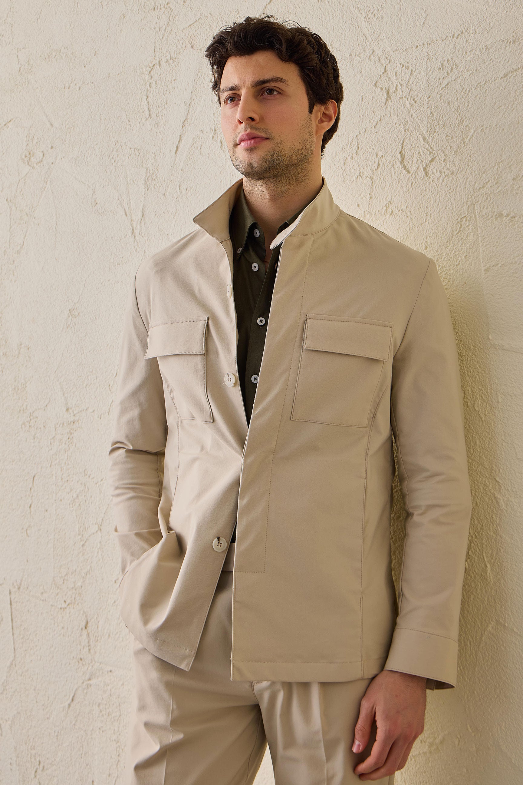 Men’s Beige Smart Casual 2 Piece Suit Safari Style Stand Collar Stretch Set