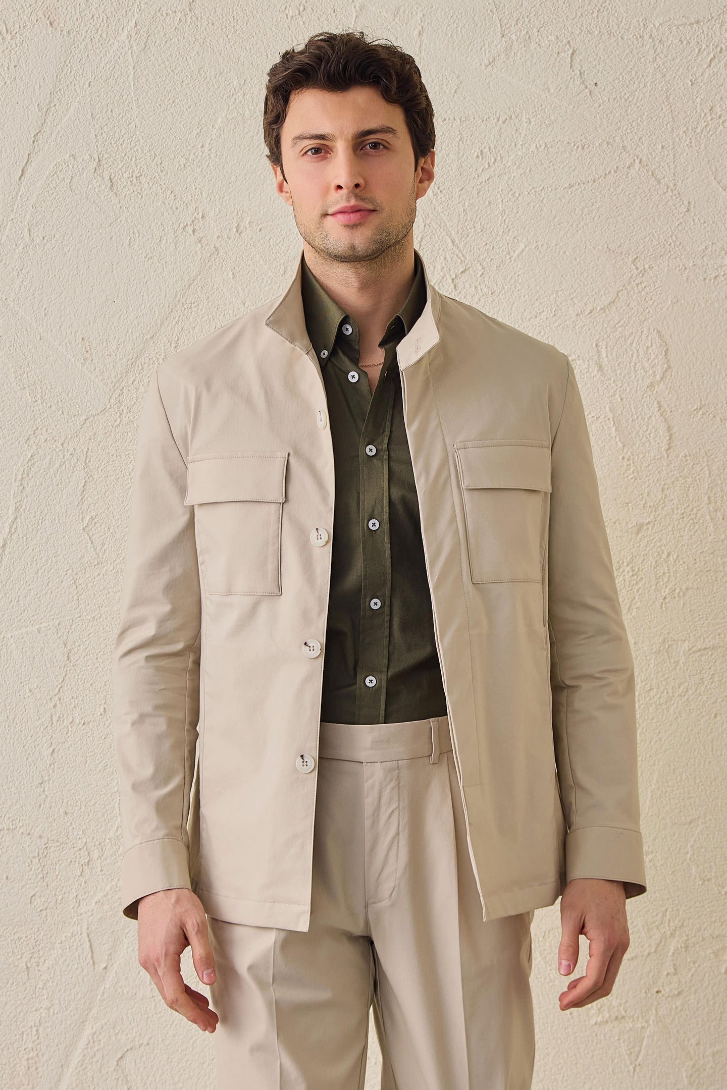 Men’s Beige Smart Casual 2 Piece Suit Safari Style Stand Collar Stretch Set
