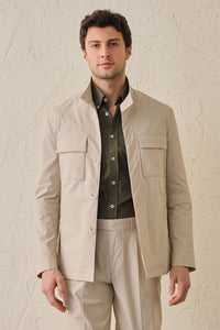Men’s Beige Smart Casual 2 Piece Suit Safari Style Stand Collar Stretch Set