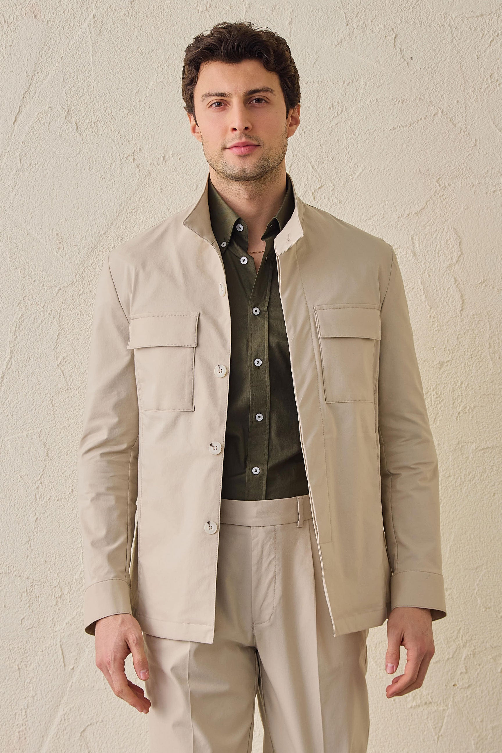 Men’s Beige Smart Casual 2 Piece Suit Safari Style Stand Collar Stretch Set
