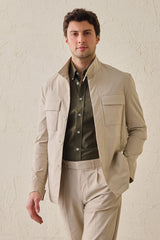 Men’s Beige Smart Casual 2 Piece Suit Safari Style Stand Collar Stretch Set