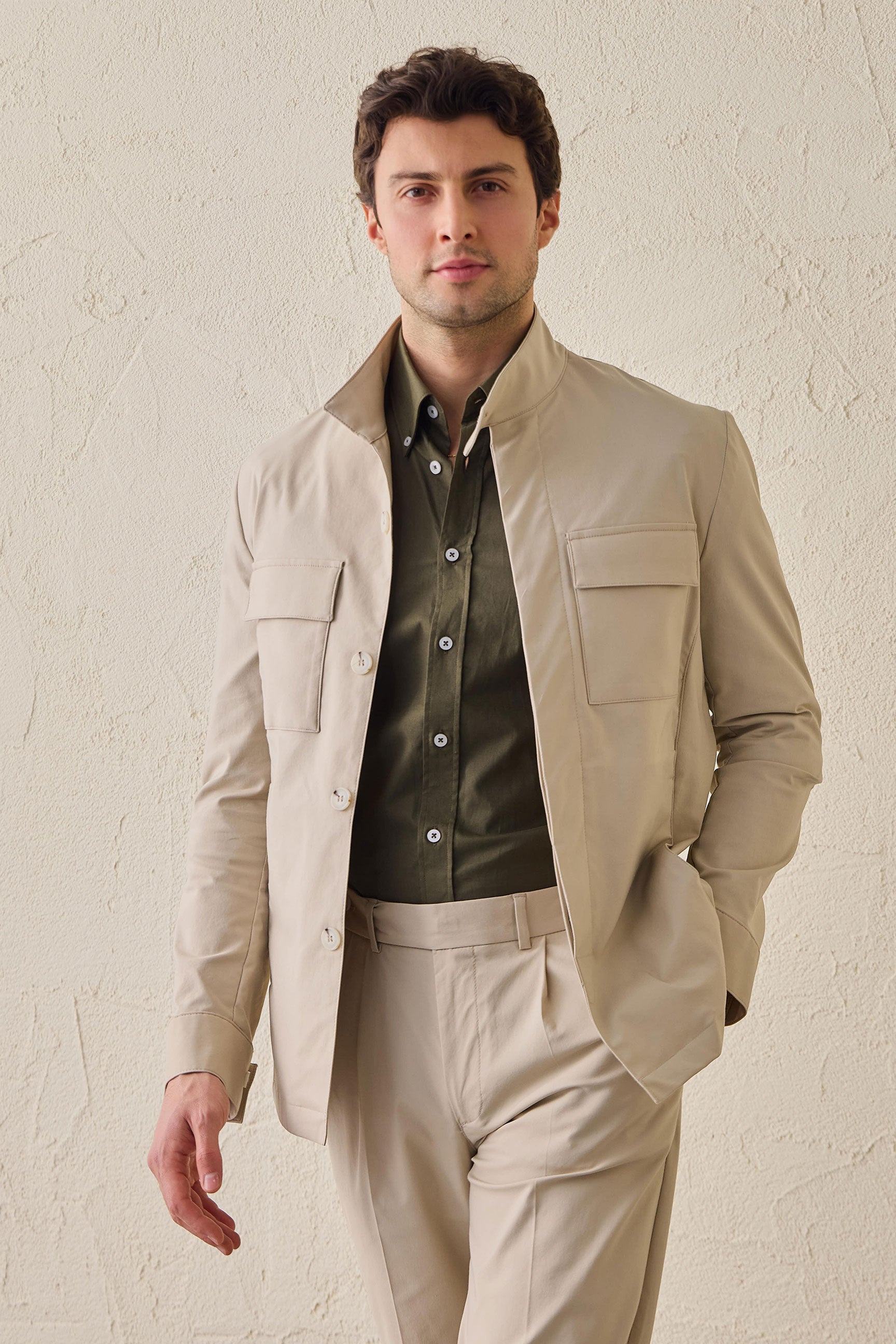 Men’s Beige Smart Casual 2 Piece Suit Safari Style Stand Collar Stretch Set