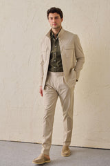 Men’s Beige Smart Casual 2 Piece Suit Safari Style Stand Collar Stretch Set