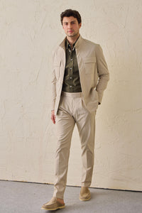 Men’s Beige Smart Casual 2 Piece Suit Safari Style Stand Collar Stretch Set