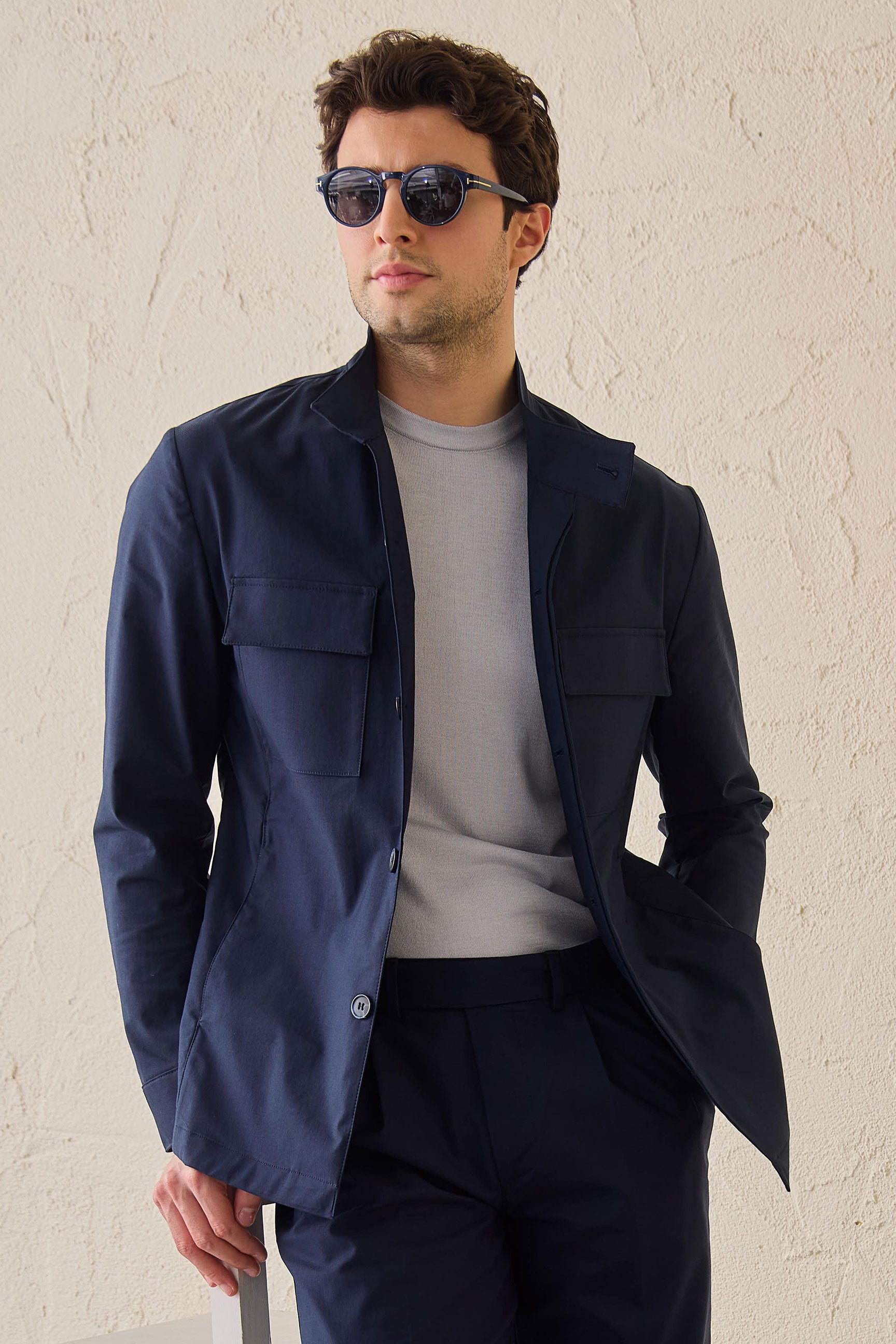 Men’s Navy Utility Jacket Lightweight Cotton Blend Smart Casual Jacket
