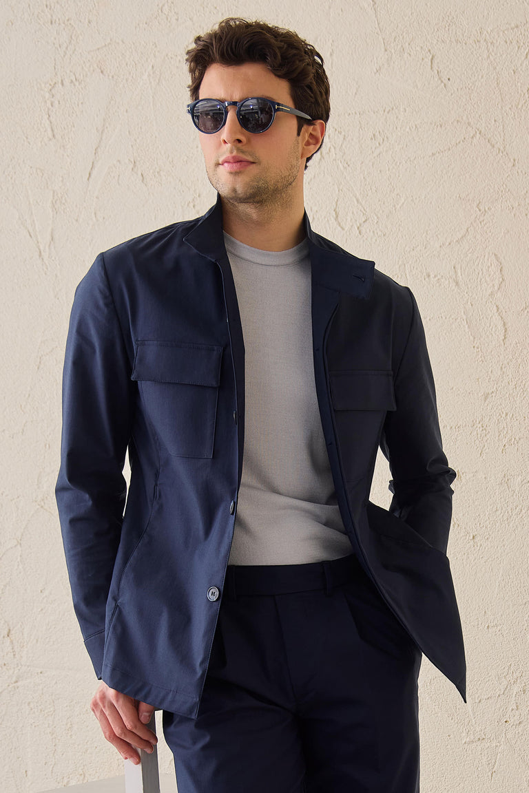 Men’s Navy Cotton Blend Safari Jacket & White Trousers Set Smart Casual Outfit