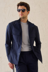 Men’s Navy Smart Casual 2 Piece Suit Safari Style Stand Collar Stretch Set
