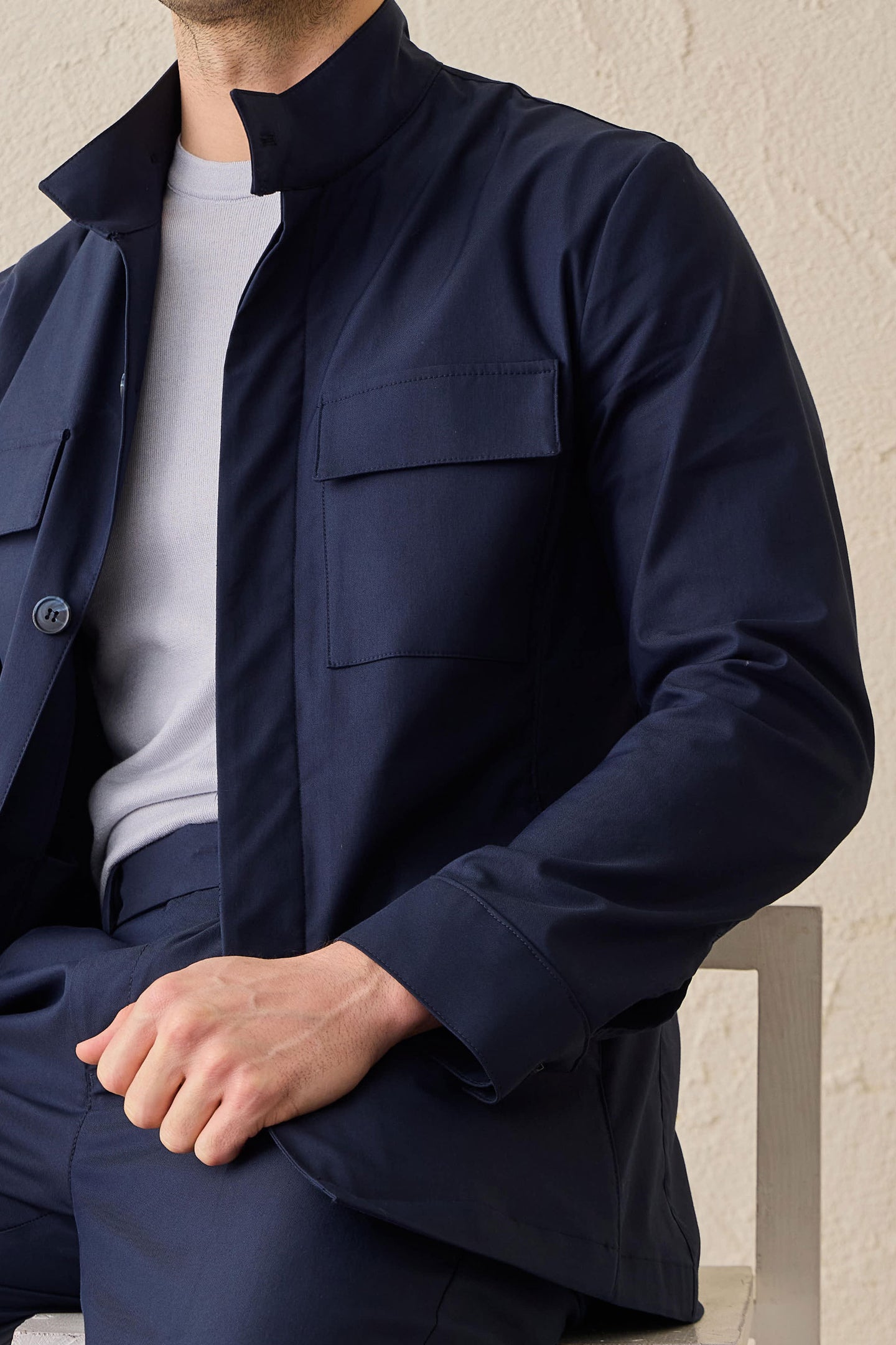 Men’s Navy Smart Casual 2 Piece Suit Safari Style Stand Collar Stretch Set