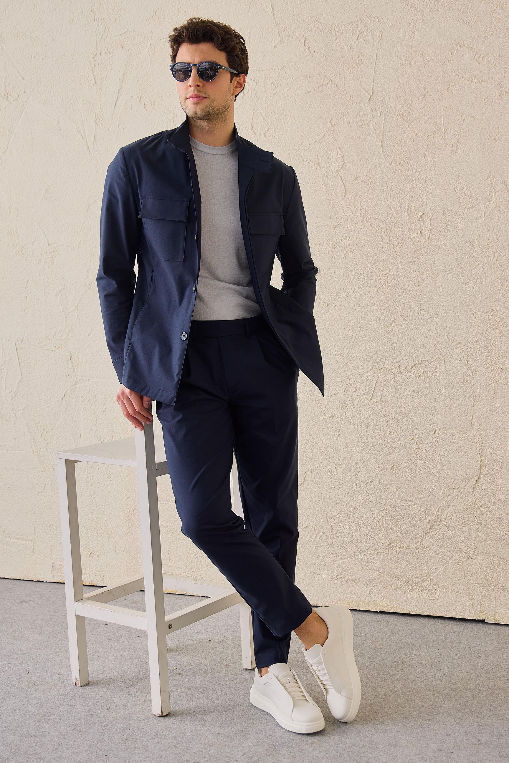 Men’s Navy Smart Casual 2 Piece Suit Safari Style Stand Collar Stretch Set