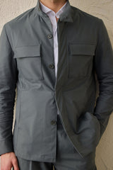 Men’s Sage Green Smart Casual 2 Piece Suit Safari Style Stand Collar Stretch Set