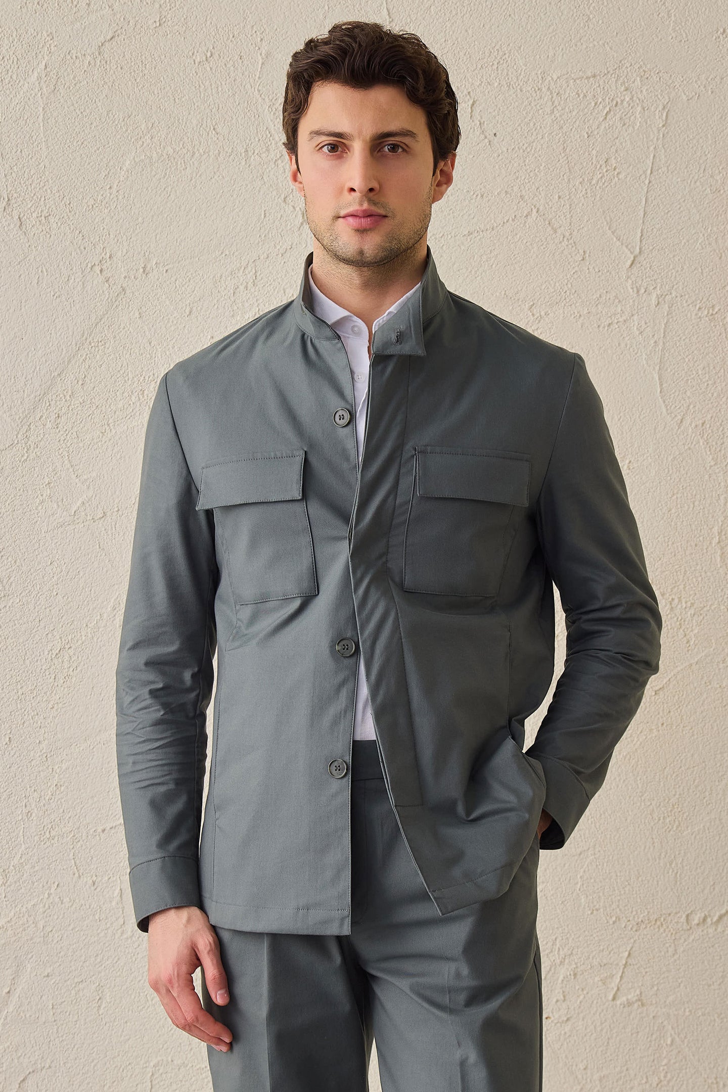 Men’s Sage Green Smart Casual 2 Piece Suit Safari Style Stand Collar Stretch Set