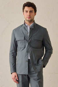 Men’s Sage Green Smart Casual 2 Piece Suit Safari Style Stand Collar Stretch Set