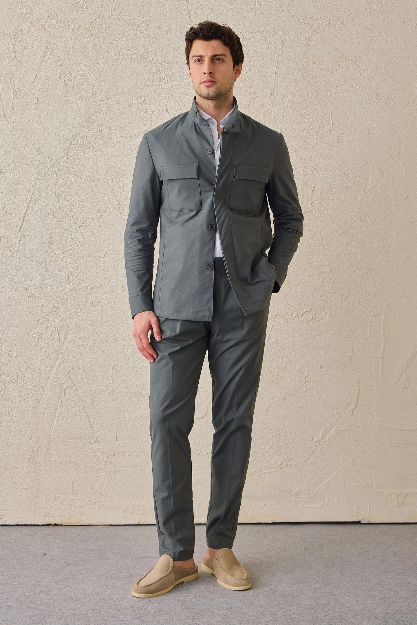 Men’s Sage Green Smart Casual 2 Piece Suit Safari Style Stand Collar Stretch Set