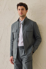 Men’s Sage Green Smart Casual 2 Piece Suit Safari Style Stand Collar Stretch Set