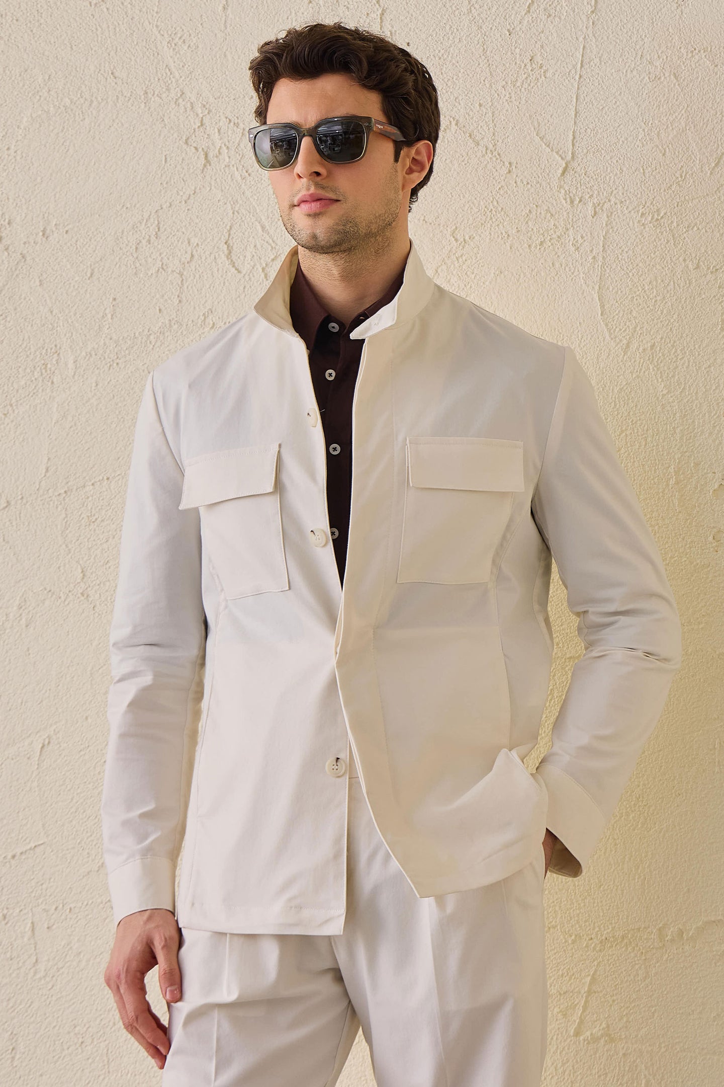 Men’s White Smart Casual 2 Piece Suit Safari Style Stand Collar Stretch Set