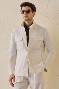 Men’s White Smart Casual 2 Piece Suit Safari Style Stand Collar Stretch Set