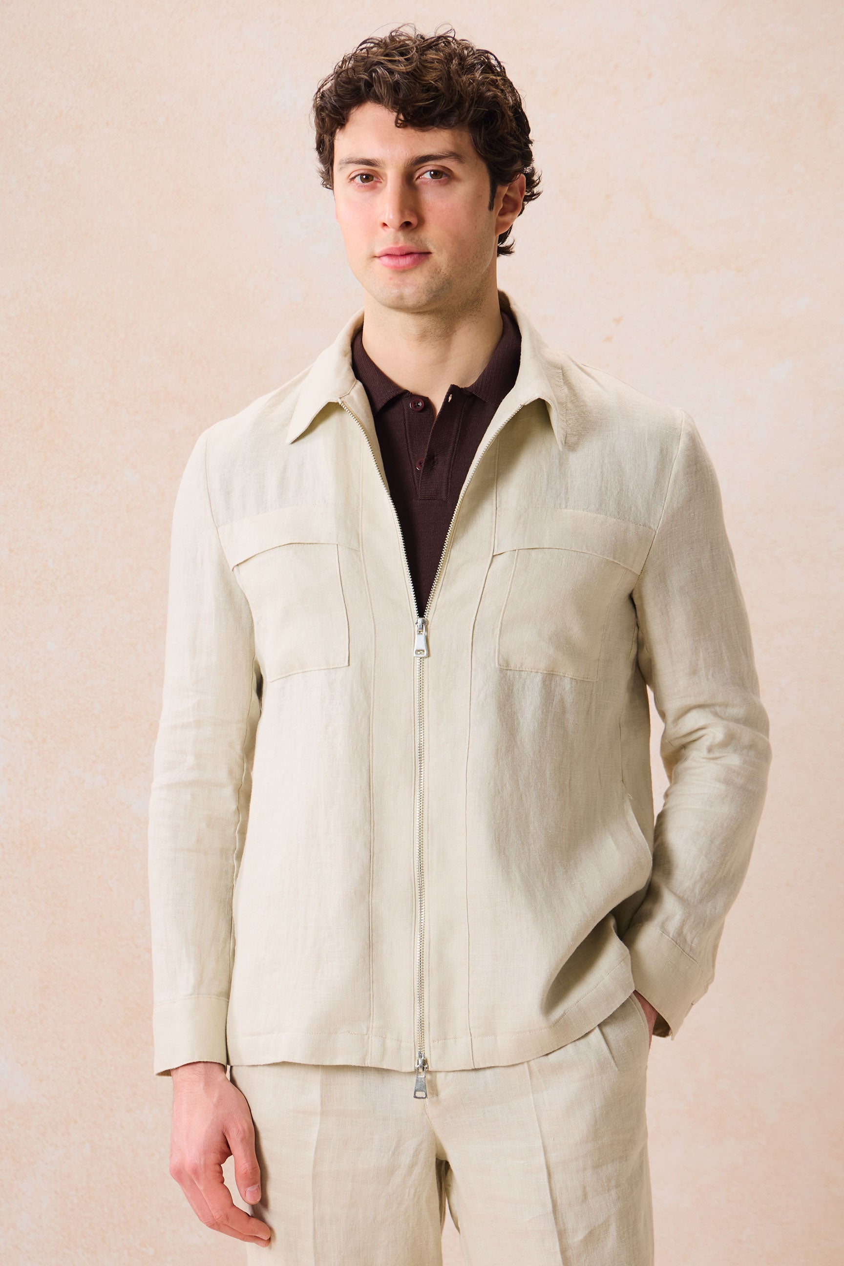 【ベージュ】LINEN SHIRTS JACKET Men's Beige Linen Zip-Up Shirt Jacket Lightweight Summer Overshirt