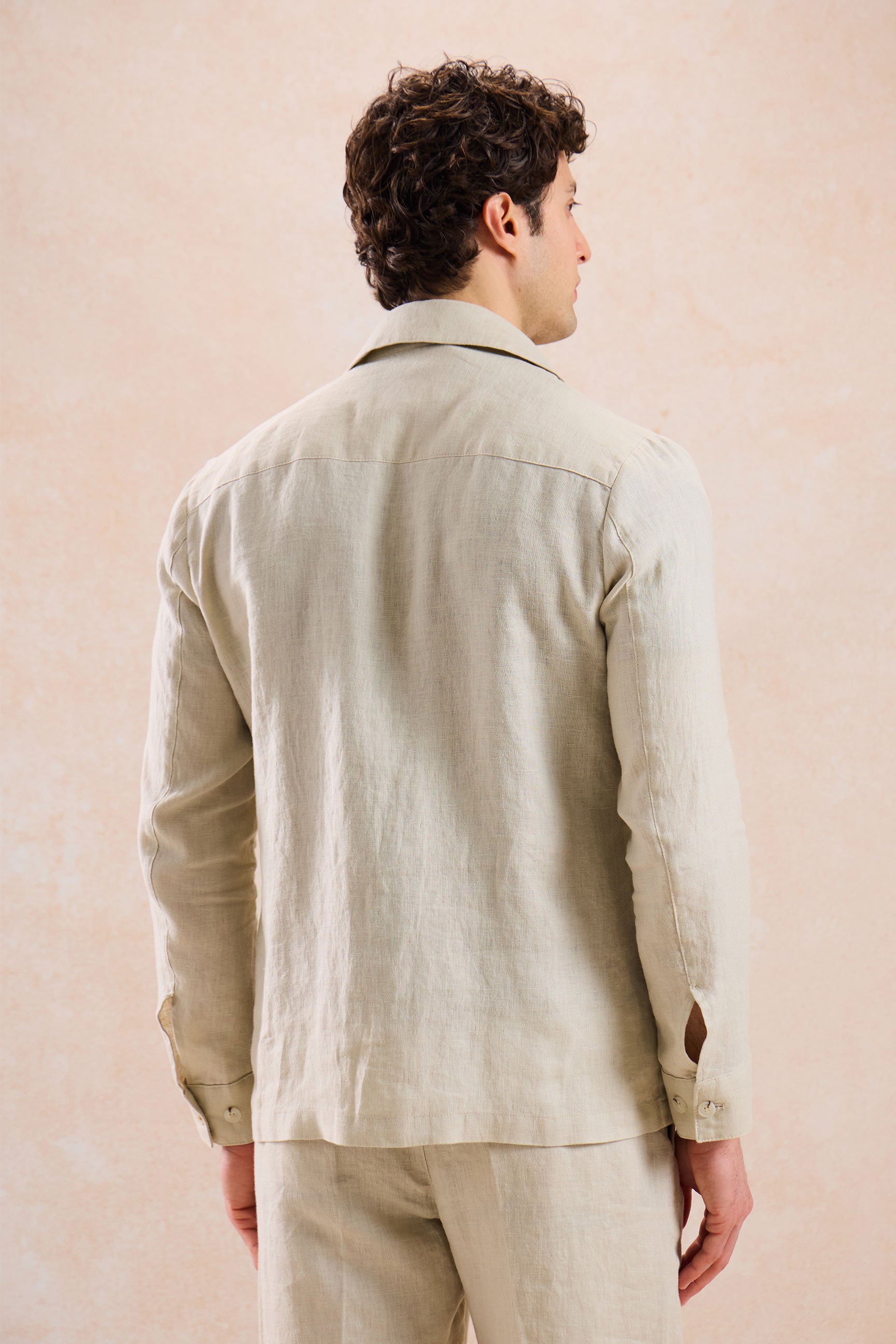 【ベージュ】LINEN SHIRTS JACKET Men's Beige Linen Zip-Up Shirt Jacket Lightweight Summer Overshirt