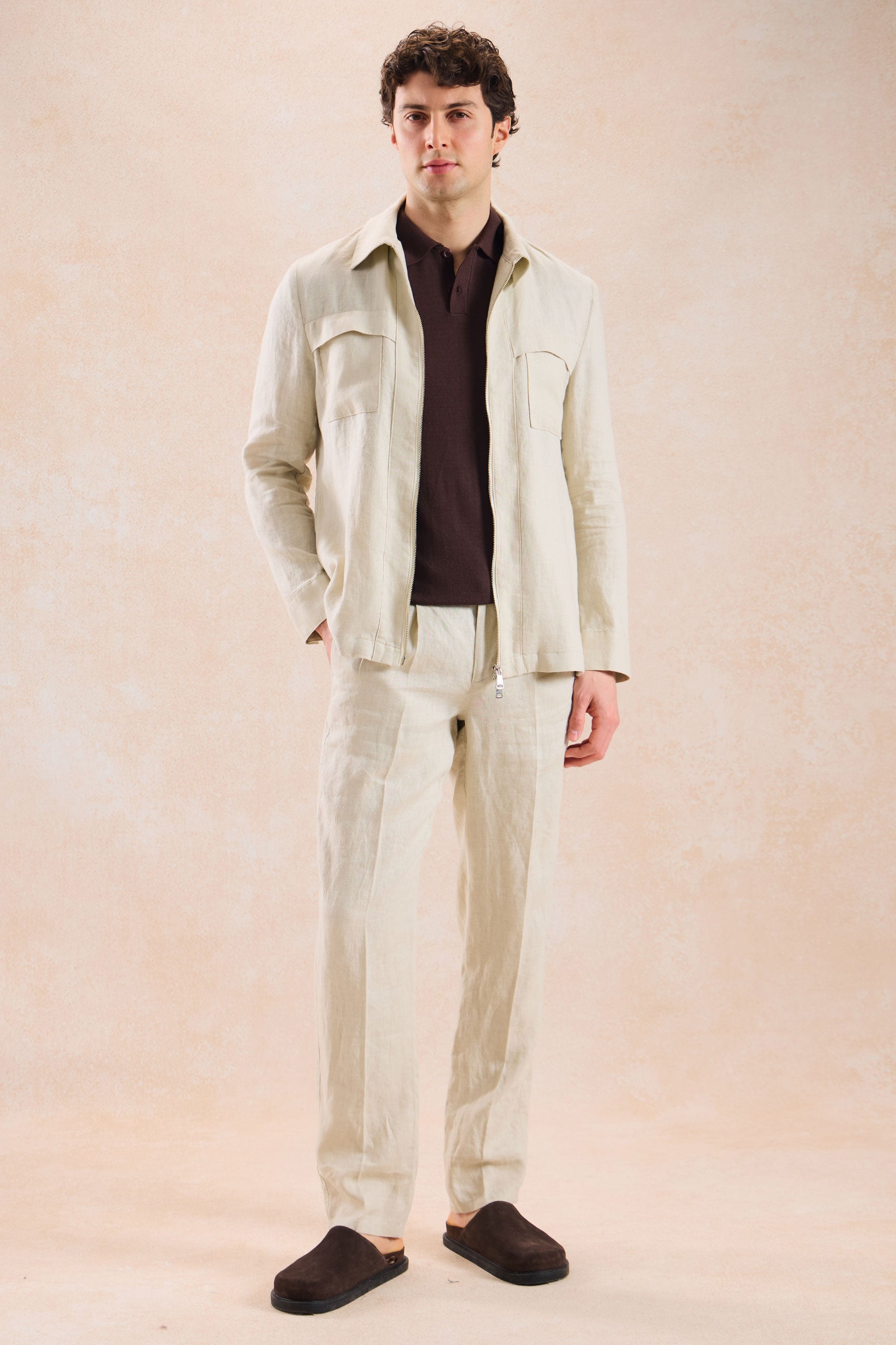 Men's Beige Linen Zip-Up Shirt Jacket Lightweight Summer Overshirt