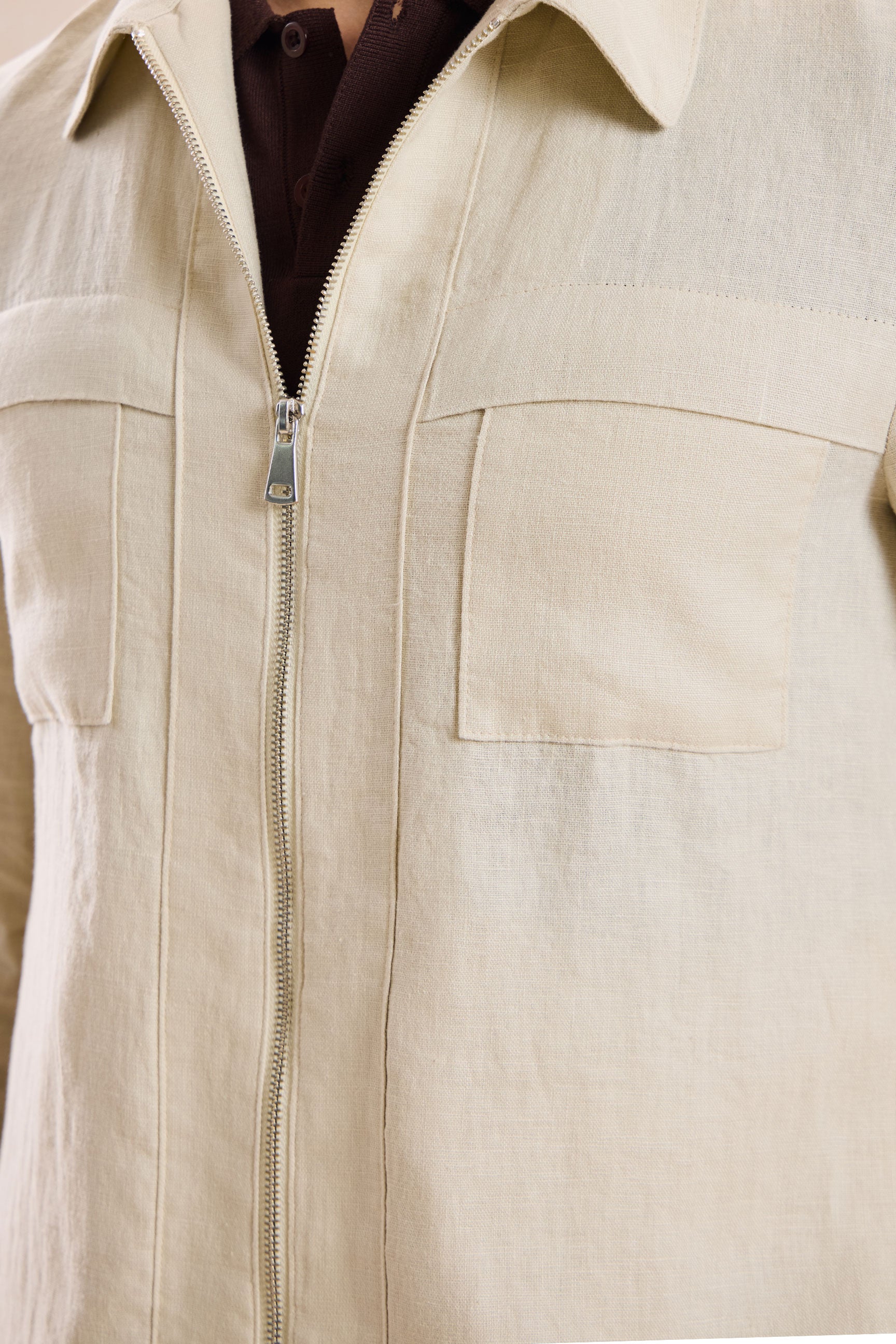 Men's Beige Linen Zip-Up Shirt Jacket Lightweight Summer Overshirt