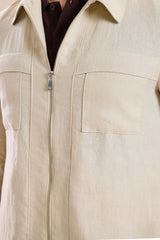 Men’s Beige Linen Smart Casual 2 Piece Suit Zip Front Safari Style Summer