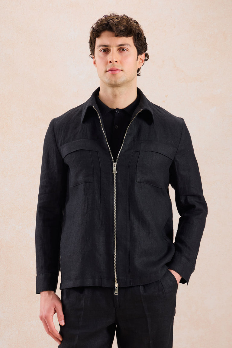 Men’s Black Linen Zip-Up Shirt Jacket Lightweight Summer Overshirt