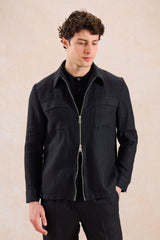 Men’s Black Linen Zip-Up Shirt Jacket Lightweight Summer Overshirt