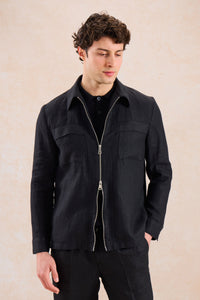 Men’s Black Linen Zip-Up Shirt Jacket Lightweight Summer Overshirt