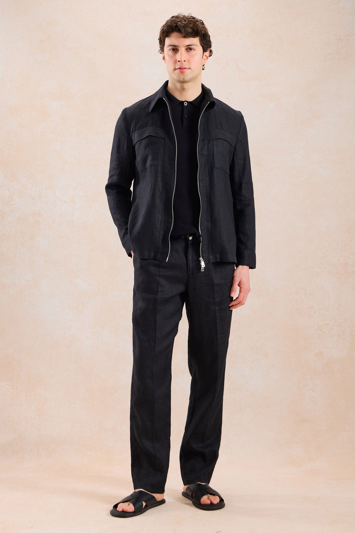 Men’s Black Linen Smart Casual 2 Piece Suit Zip Front Safari Style Summer