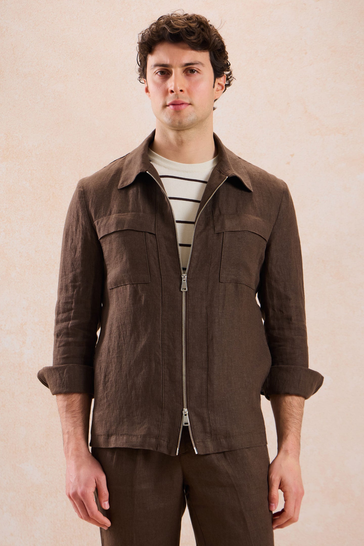Men’s Brown Linen Smart Casual 2 Piece Suit Zip Front Safari Style Summer