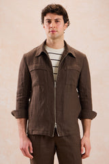 Men’s Brown Linen Smart Casual 2 Piece Suit Zip Front Safari Style Summer