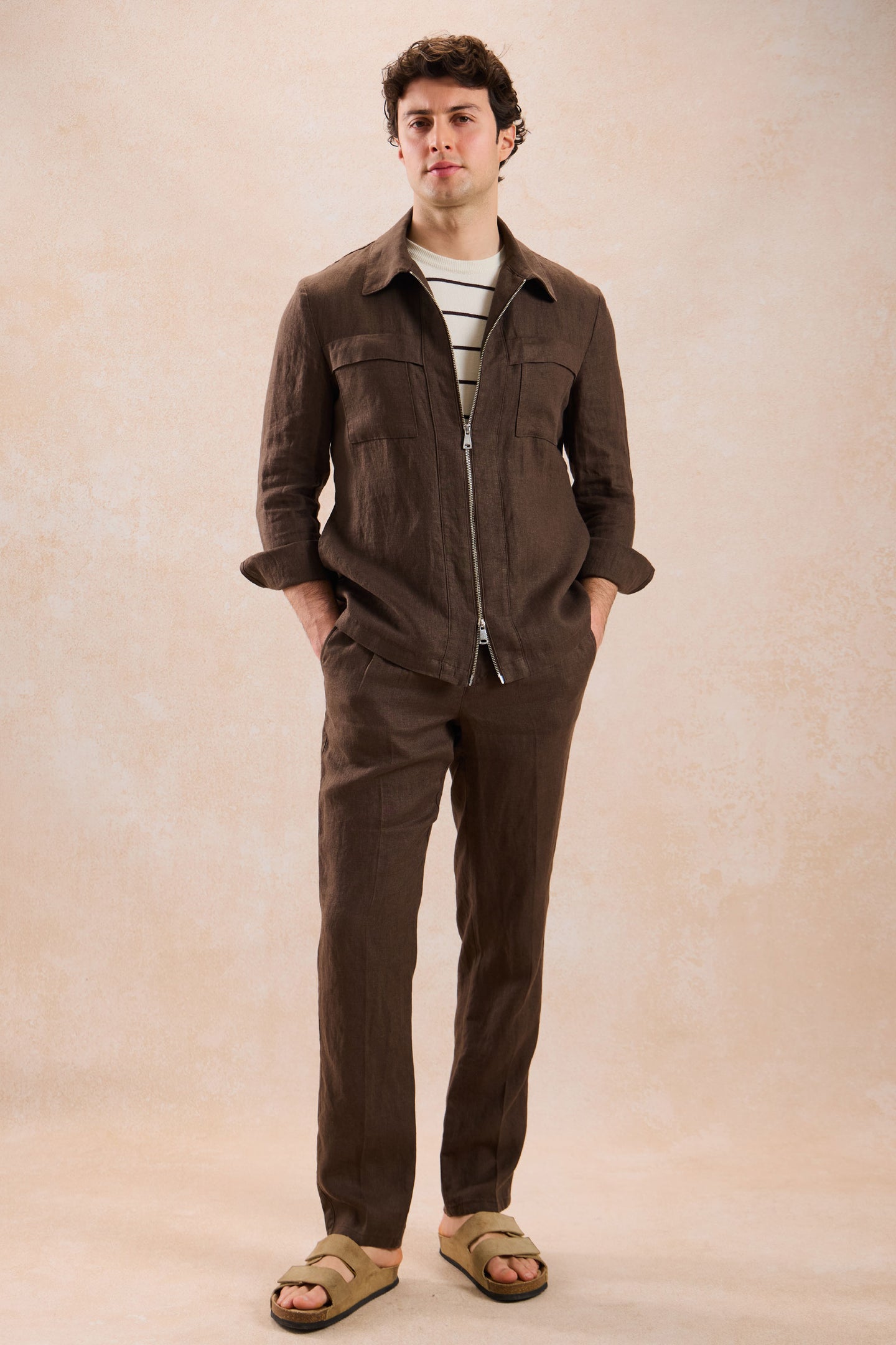 Men’s Brown Linen Smart Casual 2 Piece Suit Zip Front Safari Style Summer