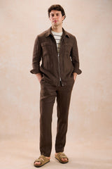 Men’s Brown Linen Smart Casual 2 Piece Suit Zip Front Safari Style Summer