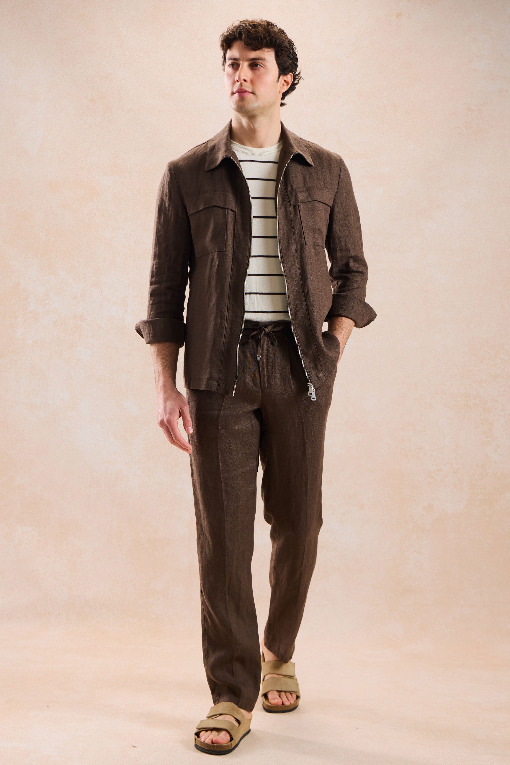 Men’s Brown Linen Smart Casual 2 Piece Suit Zip Front Safari Style Summer