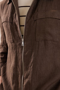 Men’s Brown Linen Zip-Up Shirt Jacket Lightweight Summer Overshirt