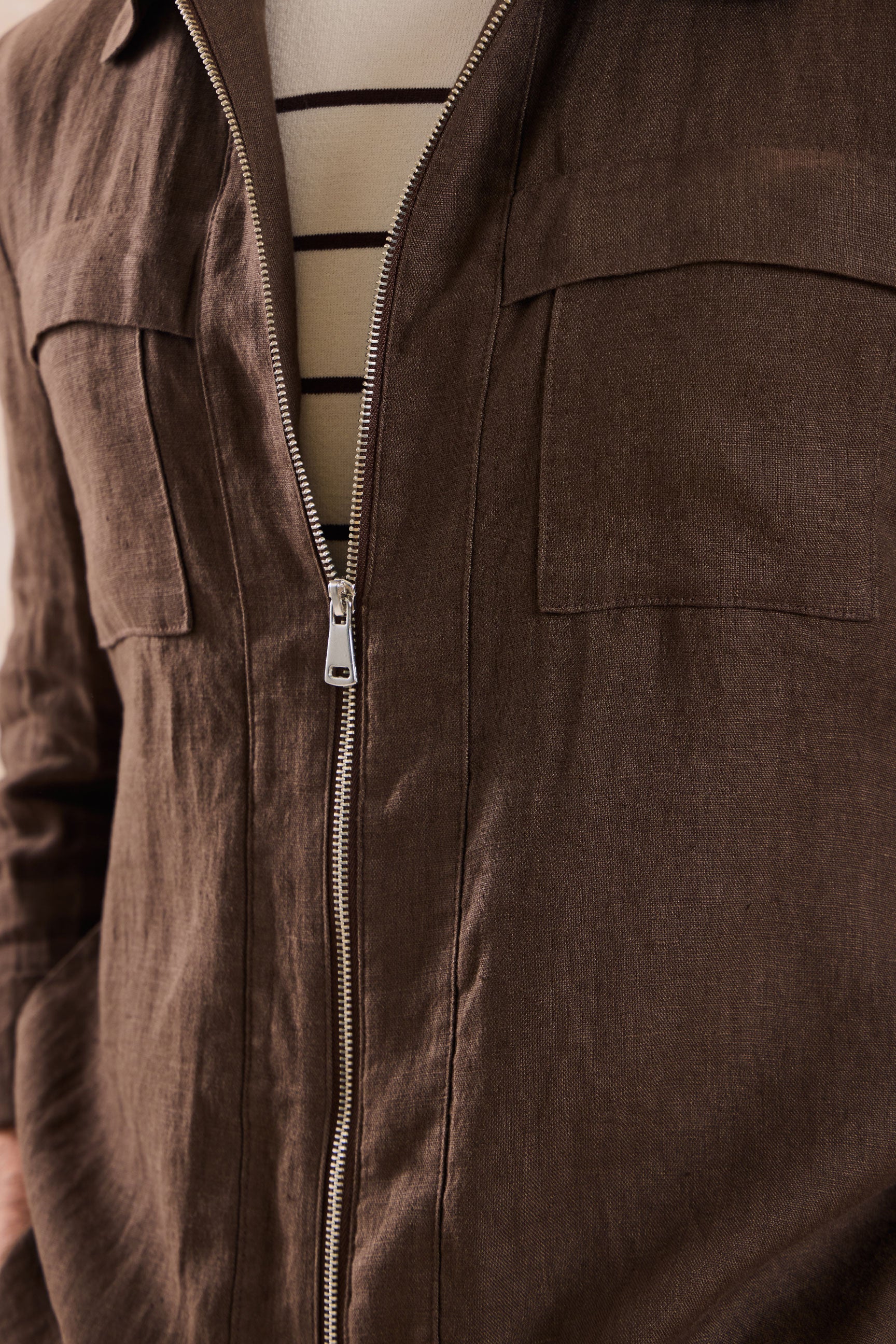 Men’s Brown Linen Zip-Up Shirt Jacket Lightweight Summer Overshirt