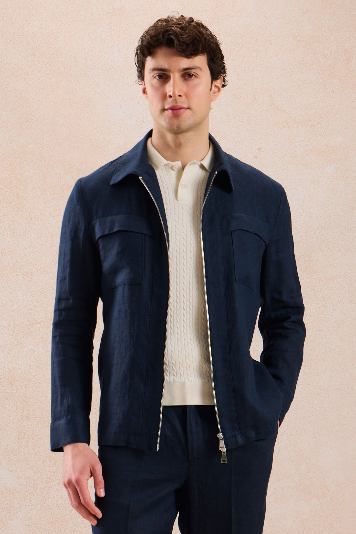 Men’s Navy Linen Smart Casual 2 Piece Suit Zip Front Safari Style Summer