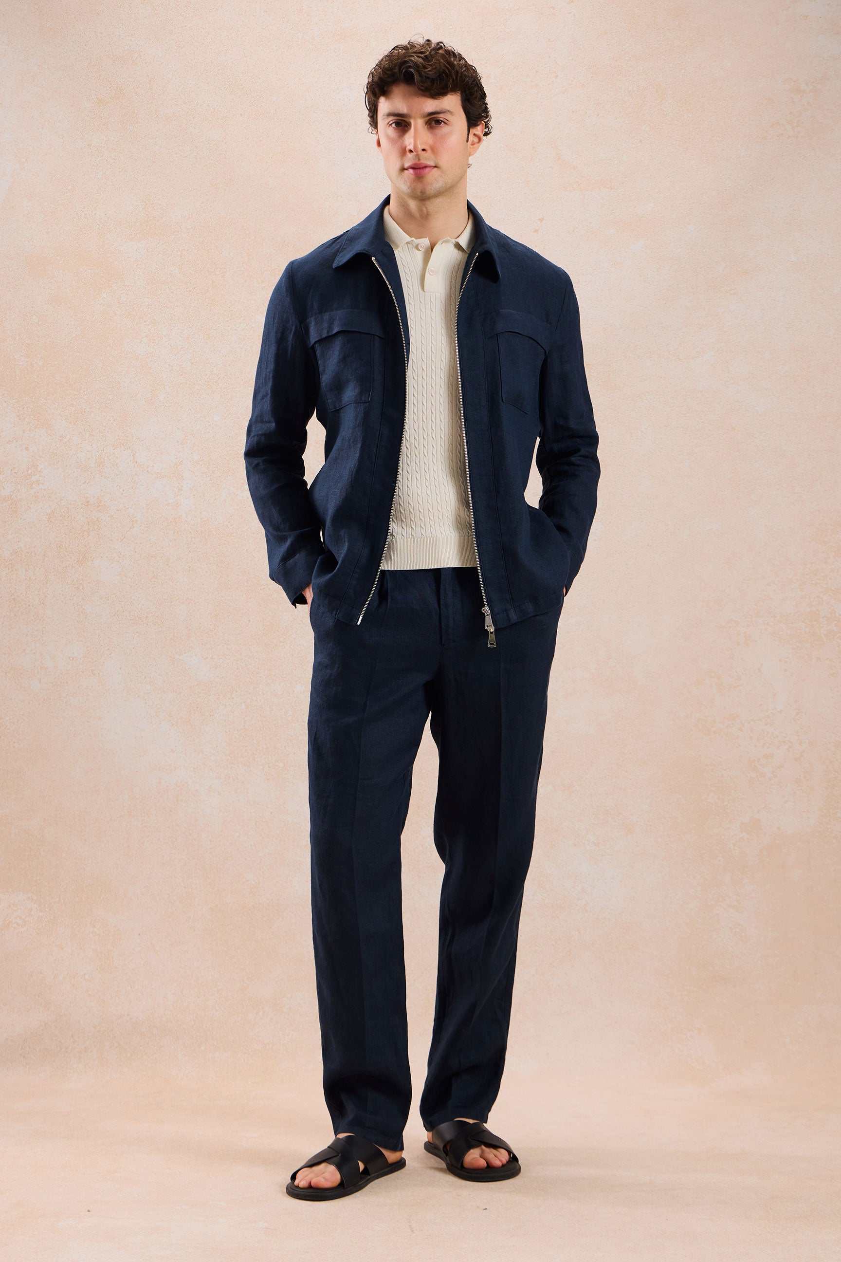 【ネイビー】LINEN SHIRTS JACKET Men's Navy Linen Zip-Up Shirt Jacket - Lightweight Summer