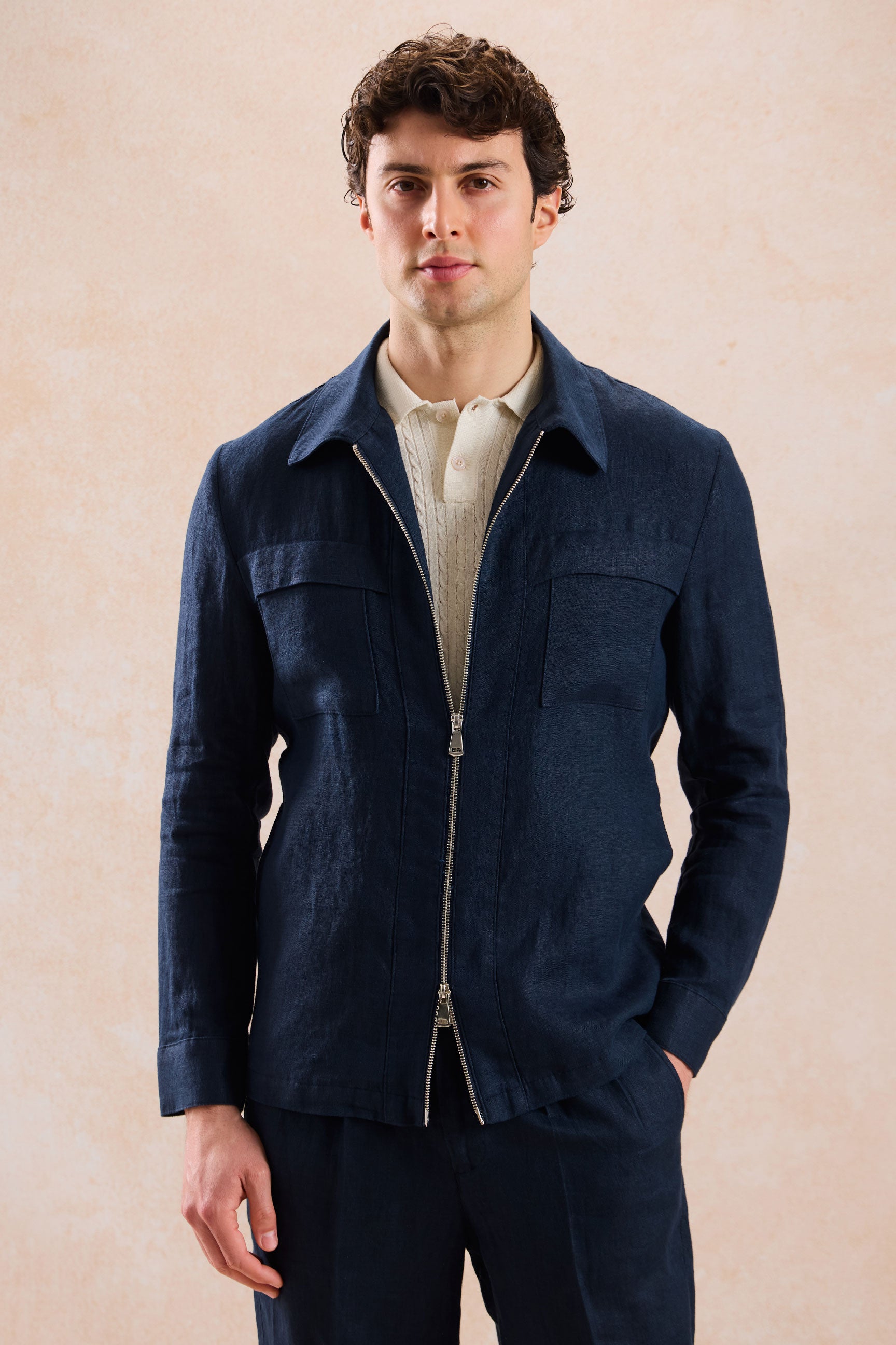 Men's Navy Linen Zip-Up Shirt Jacket - Lightweight Summer